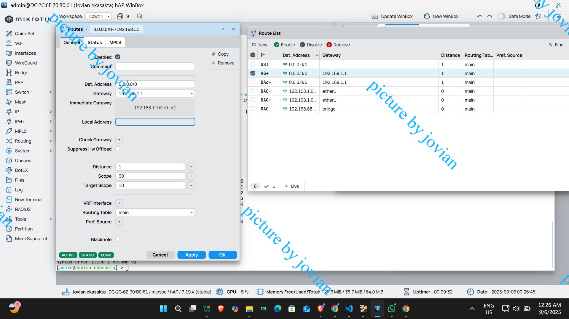 Konfigurasi Default Route melalui Winbox MikroTik